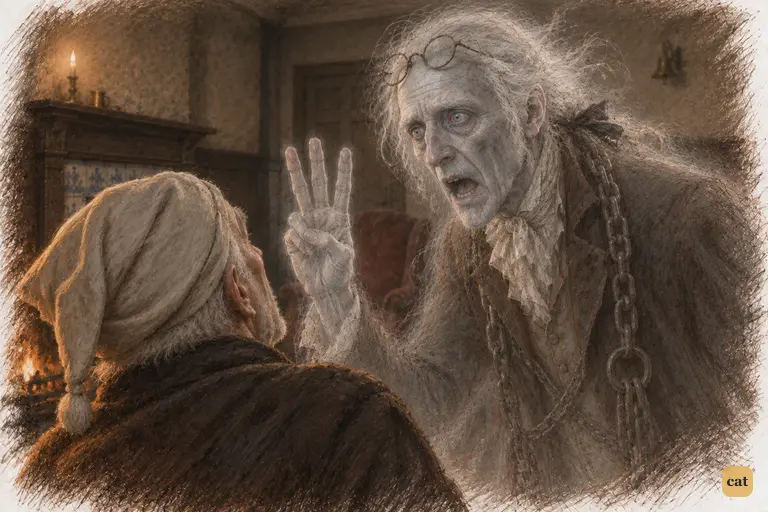 Marley's ghost bends over the kneeling Scrooge and raises three glowing fingers