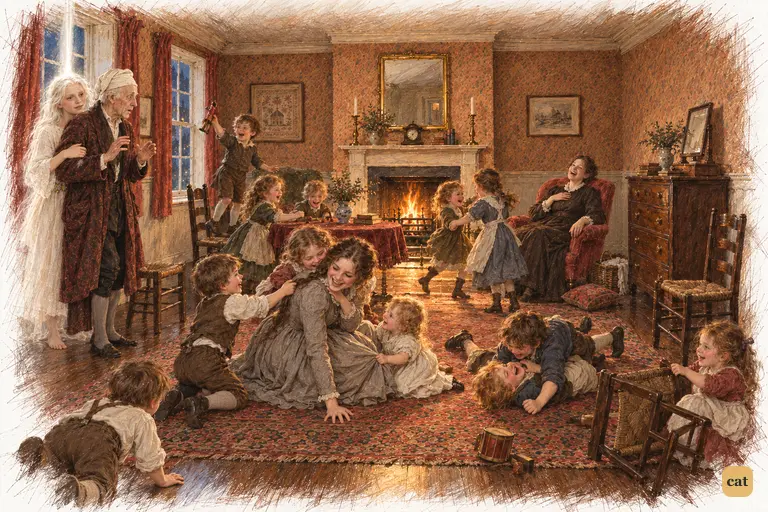 Scrooge, held fast by the Ghost, stands unseen by the cold window of a noisy, firelit parlour.