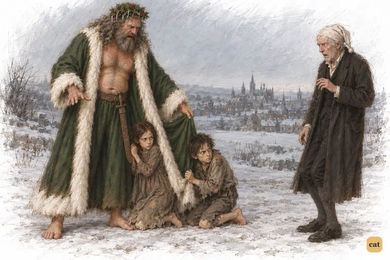 The aged Spirit opens his green robe to show Scrooge two starving children at his feet