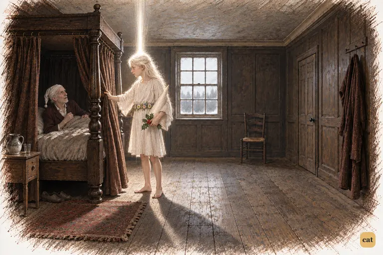 At the first stroke of One, a sudden white blaze fills Scrooge's dark bedroom.