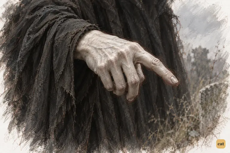The Ghost of Christmas Yet To Come's pointing hand trembles over Scrooge's grave