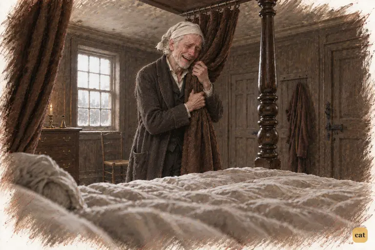 At dawn Scrooge hugs his bed-curtain, still on its rings, weeping and laughing