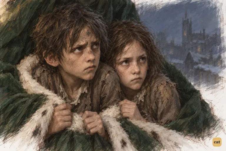The two children crawl out of the Spirit's green robe for the first time.