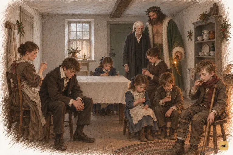 Mrs. Cratchit gives a grudging toast to Scrooge, and the children sip it without joy