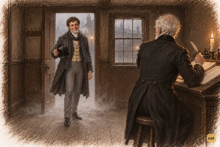 Scrooge's nephew bursts in from the fog, glowing, wishing his uncle a merry Christmas