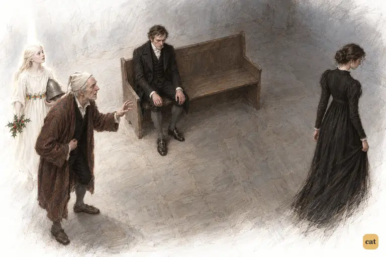 Belle walks away from the settle into the fading light, and young Scrooge stays seated and silent.