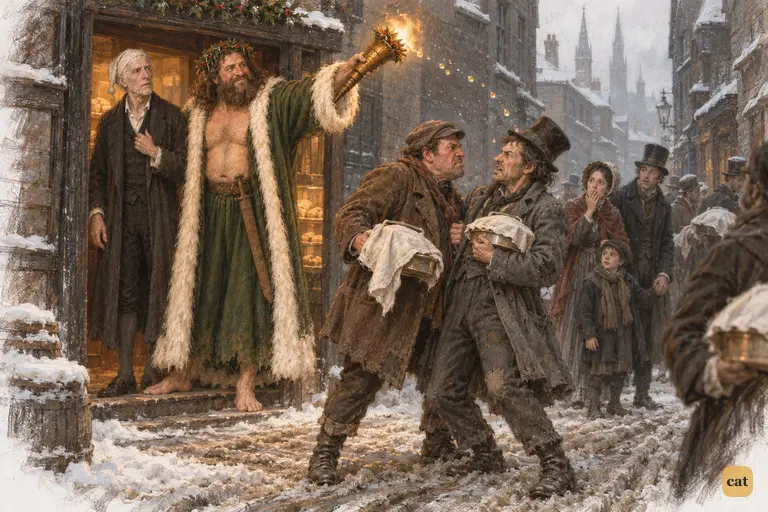 In a snowy Christmas-morning street, two jostled dinner-carriers square up to each other.