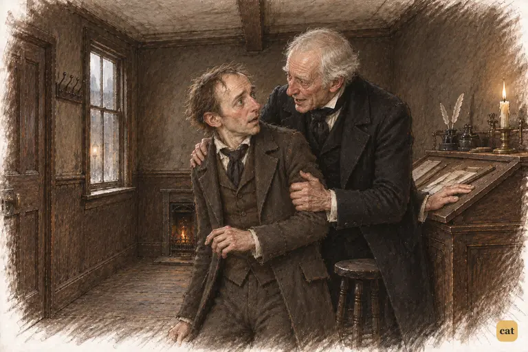 Scrooge claps his startled clerk on the back and grips his arm, tearful and glowing with goodwill.