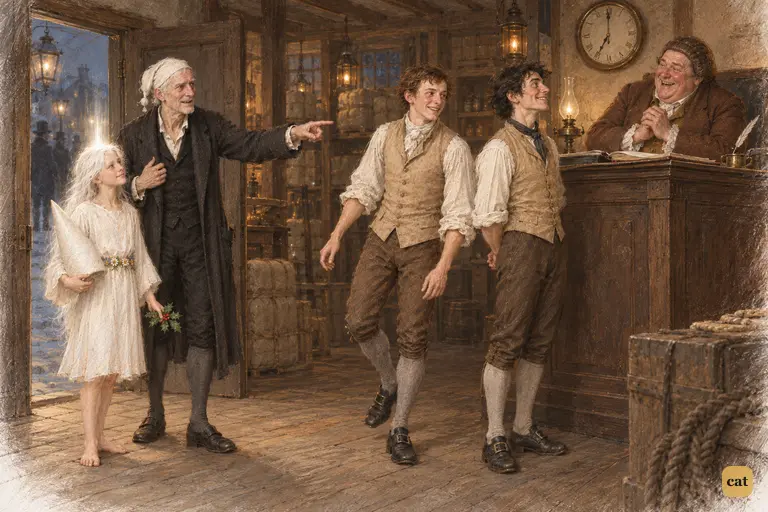 In Fezziwig's warehouse, old Scrooge in his nightcap points at two young apprentices