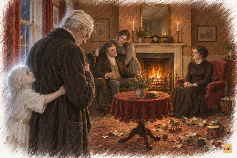 Unseen Scrooge bows his head as Belle's husband says he sat quite alone in the world
