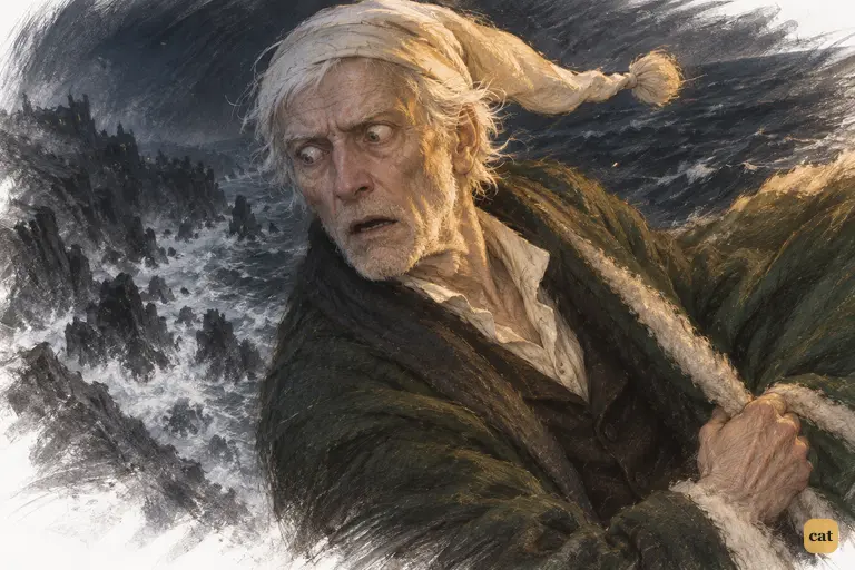 Carried out over the ocean, Scrooge twists round to see the last rocks of land fall away