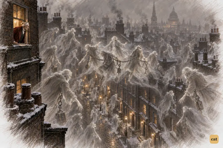 From his lit window, Scrooge sees a night sky full of chained, moaning phantoms