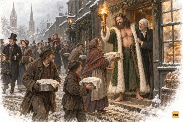 Christmas bells ring as churchgoers and the poor fill a snowy London street