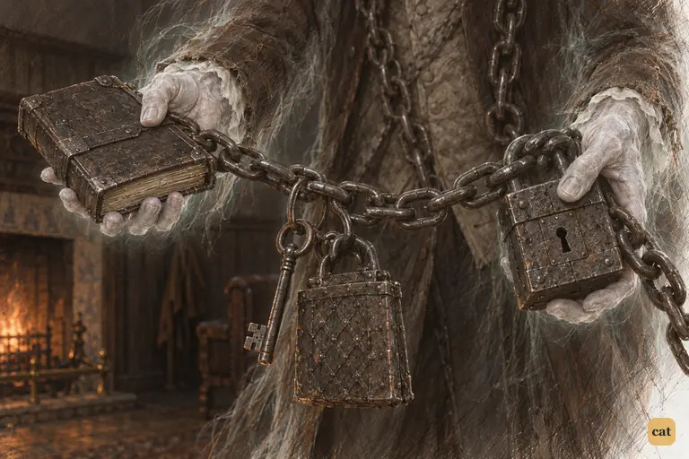 The Ghost's glowing hands hold his chain: padlock, key, steel purse, iron-bound ledger