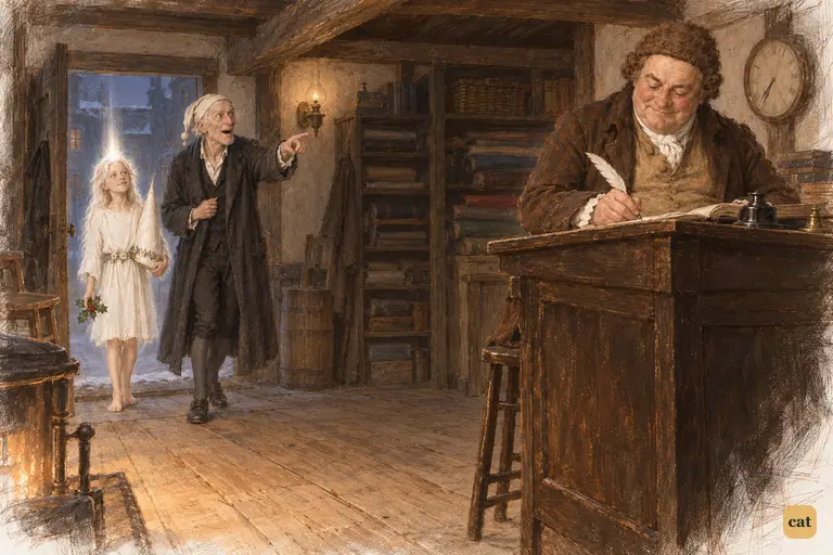 Scrooge cries out in delight at old Fezziwig, perched high behind his desk