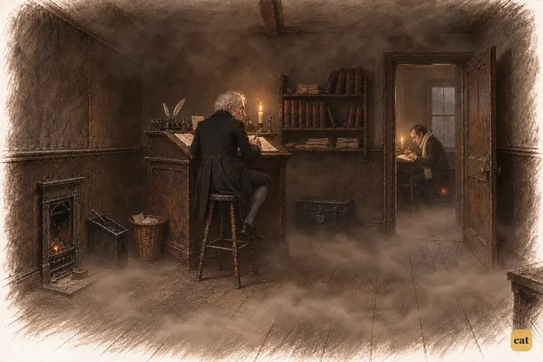 Scrooge sits hunched over his ledger by one candle in the foggy counting-house