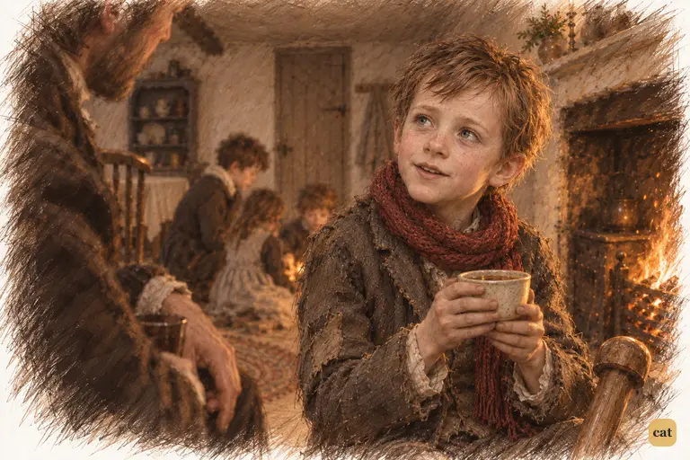 Tiny Tim sits on his low stool by the fire, raising a custard-cup of punch in both hands