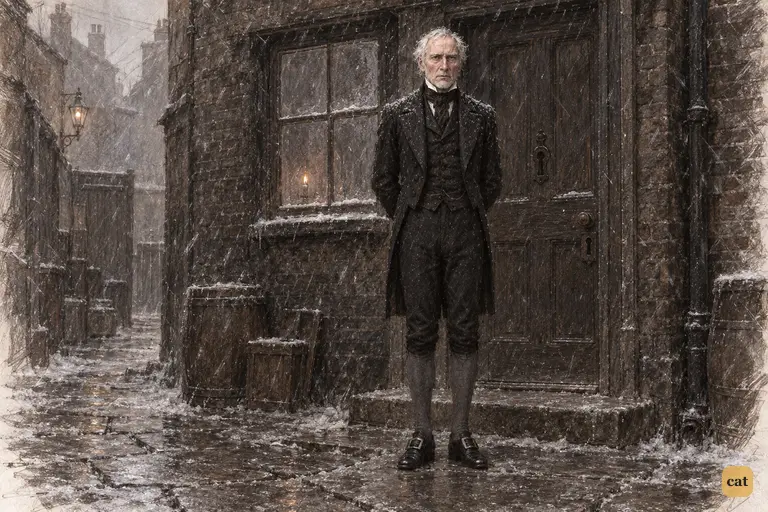 Scrooge stands bareheaded on the step of his own door in the foggy court.