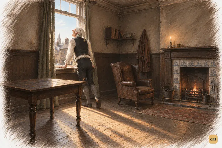 On Christmas morning Scrooge leans out of his window into golden sunlight and bells