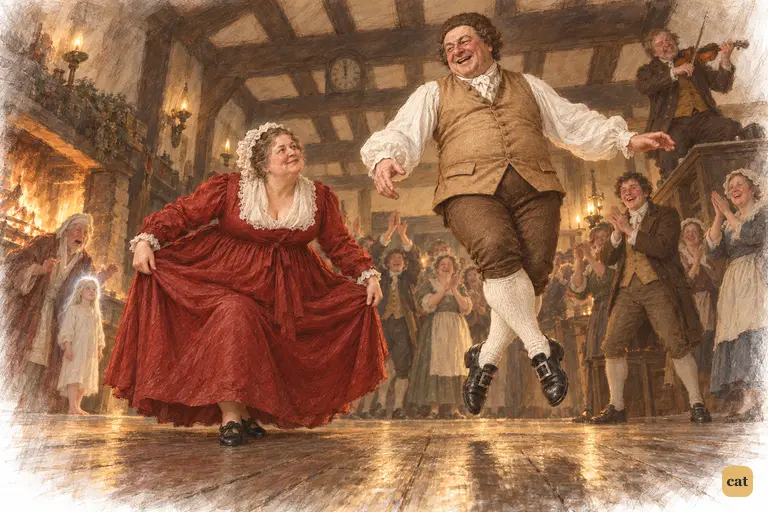 Old Fezziwig springs into the air, his calves shining like moons