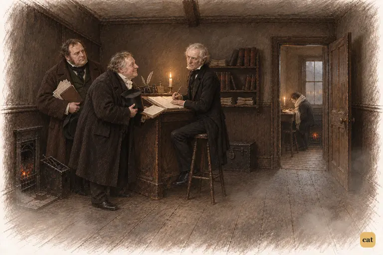 Two portly, bareheaded gentlemen have just come in out of the fog.