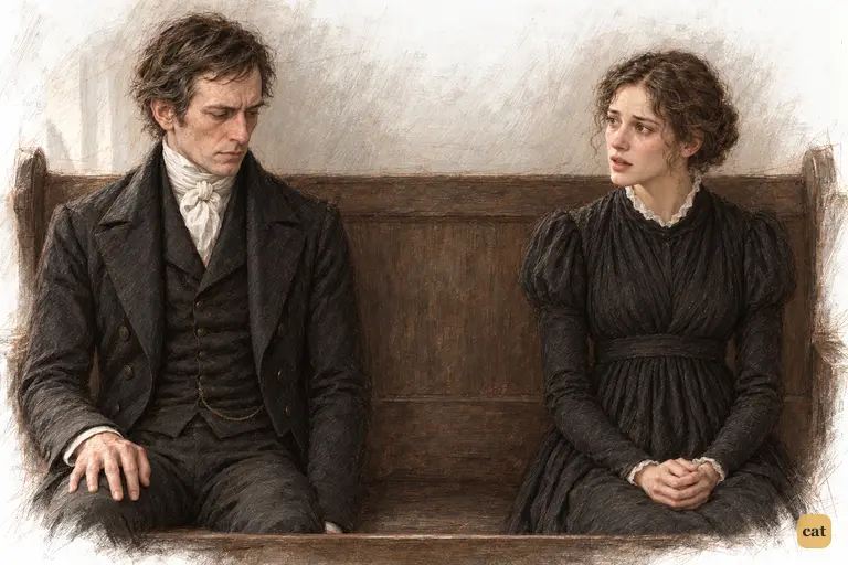 Belle speaks her last words and draws her hands back from the young man's side