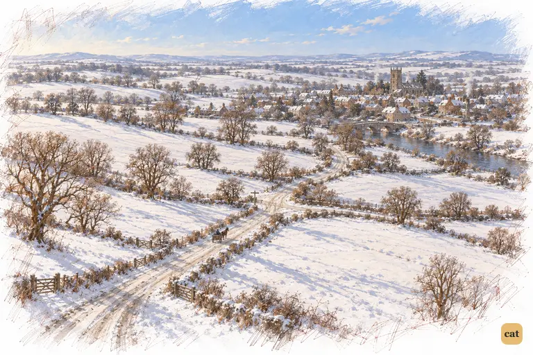 A clear, snowy winter country with fields, a road, a cart and a little market-town