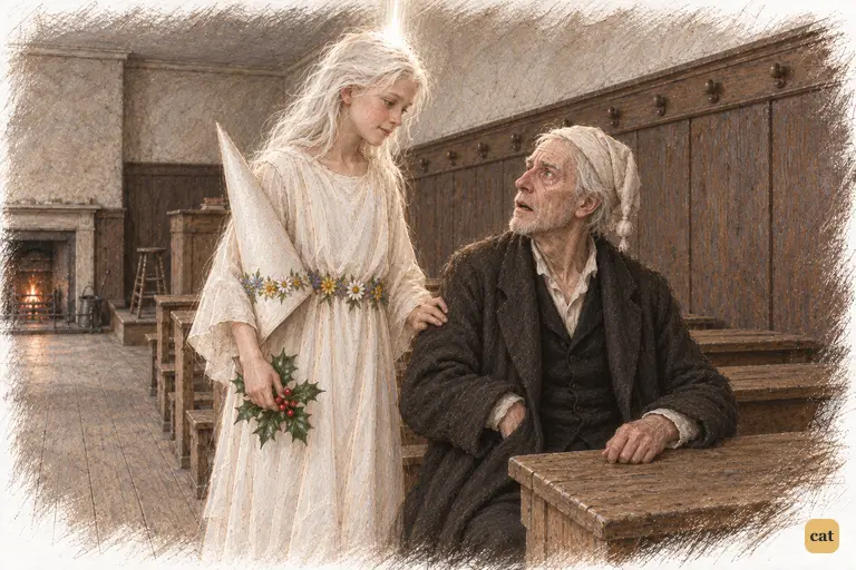 In the schoolroom, Scrooge wishes he had given something to the boy who sang a carol