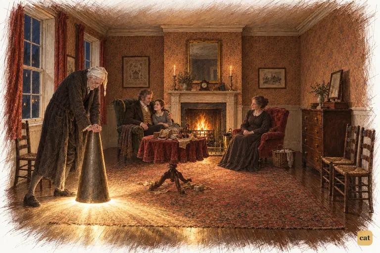 Scrooge presses down on the extinguisher-cap, but the Spirit's light still pours out