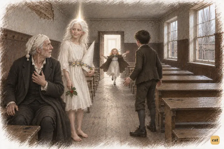 Little Fan bursts into the cold schoolroom and runs toward her lonely brother