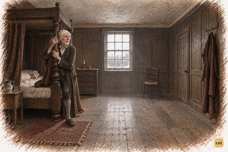 Tear-stained and trembling, Scrooge hugs the post of his own four-poster bed