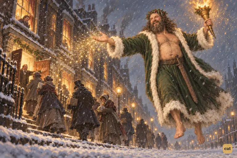 The giant Spirit of Christmas Present floats down a snowy London street at dusk.