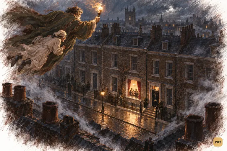 Over London's sleeping rooftops, one golden window glows behind crimson curtains