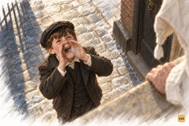 A boy in his Sunday best shouts up to Scrooge's window that it is Christmas Day