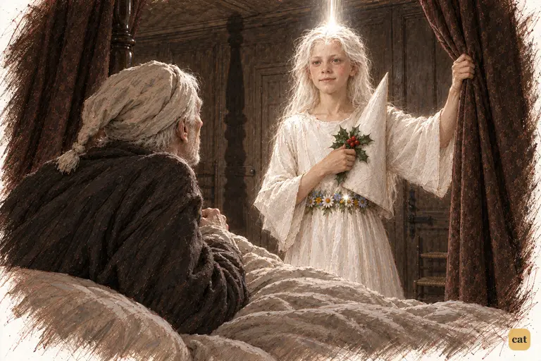 Half risen from his pillow, Scrooge finds the first Spirit an arm's length away