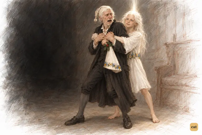 Scrooge twists away, but the Ghost of Christmas Past holds him and turns him to the dark