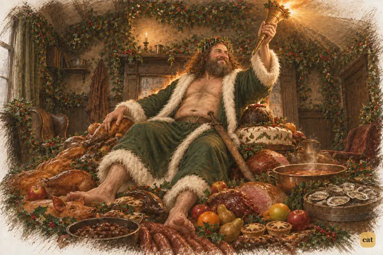 The Ghost of Christmas Present sits on a throne of Christmas food in Scrooge's room