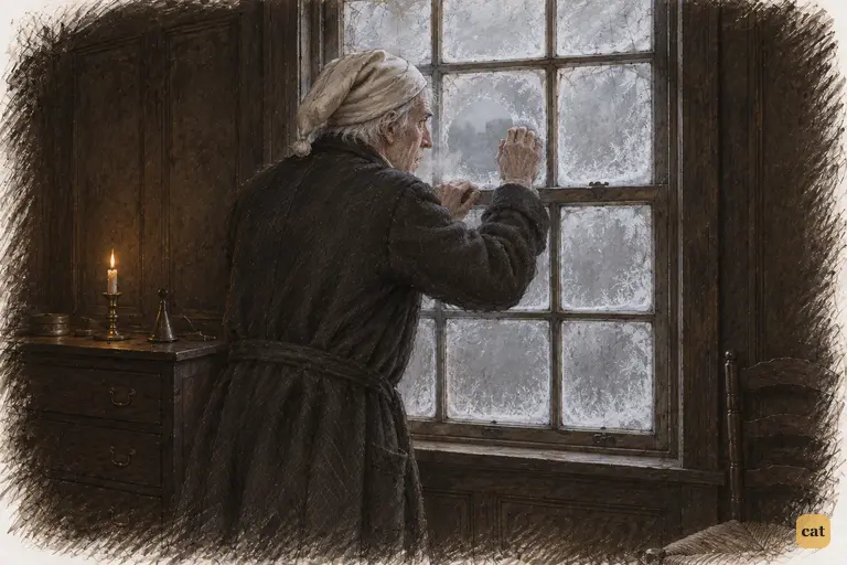 Scrooge has scrambled out of bed and rubbed the frost off the window with his dressing-gown sleeve.