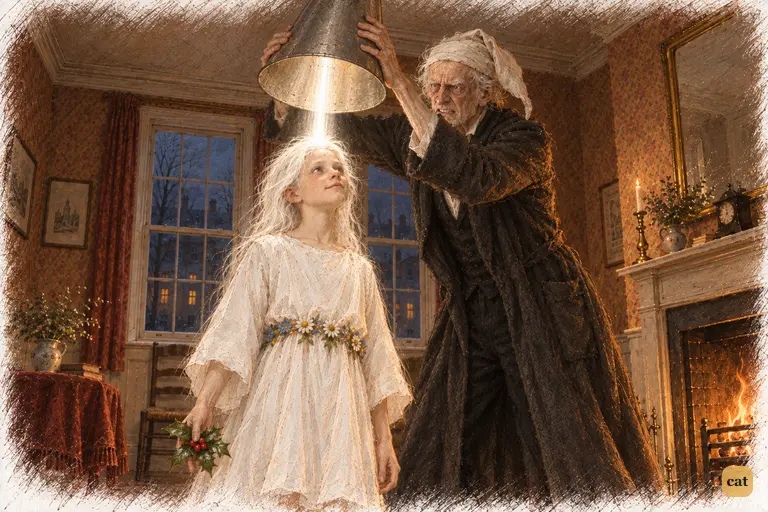 Scrooge desperately raises the extinguisher-cap over the Ghost's blazing light.