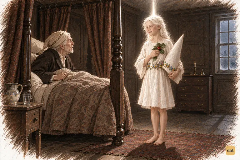 The Ghost of Christmas Past stands by the bed in white light, holding a sprig of holly