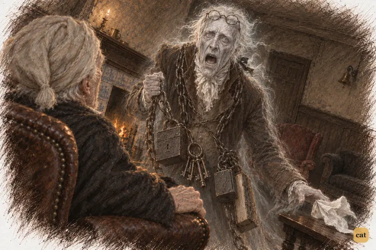 Marley's Ghost unbinds the kerchief from its head, and its lower jaw drops down upon its breast.