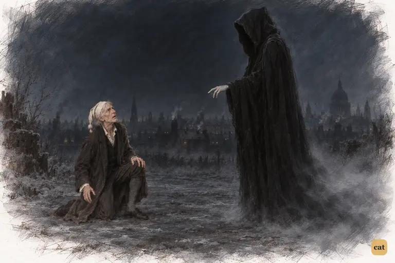 A tall black shape glides across a frost-grey place toward Scrooge, sunk on one knee