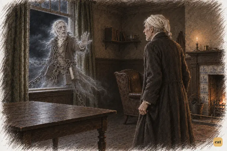 Marley's Ghost drifts backward through the open window into the black night