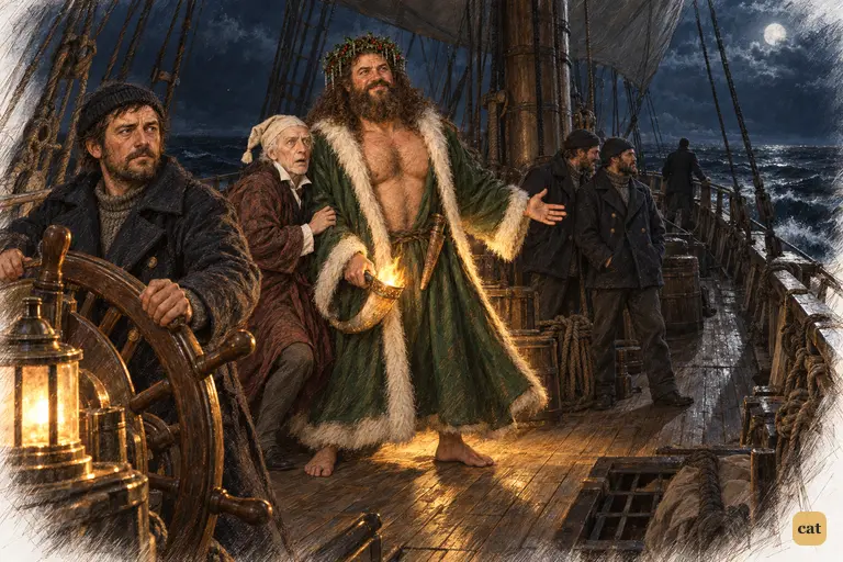 On the black open sea, the Spirit and Scrooge land on a lone ship beside the helmsman