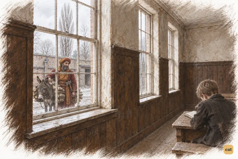 A figure from a storybook stands outside the schoolroom window in the grey winter yard.