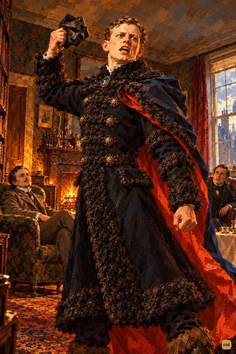 At the peak of his outburst, the towering King of Bohemia stands with the torn black mask crushed in his raised fist, his bare face desperate, and cries out that he is the King.