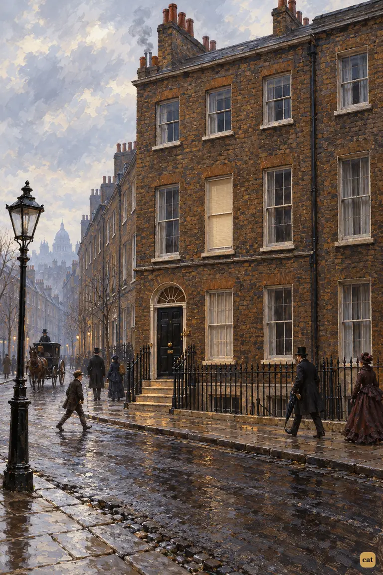 A quiet afternoon on Baker Street: the brown-brick house front, its black door and the pale-blinded first-floor window wait in thin daylight while small figures pass along the far end of the street.