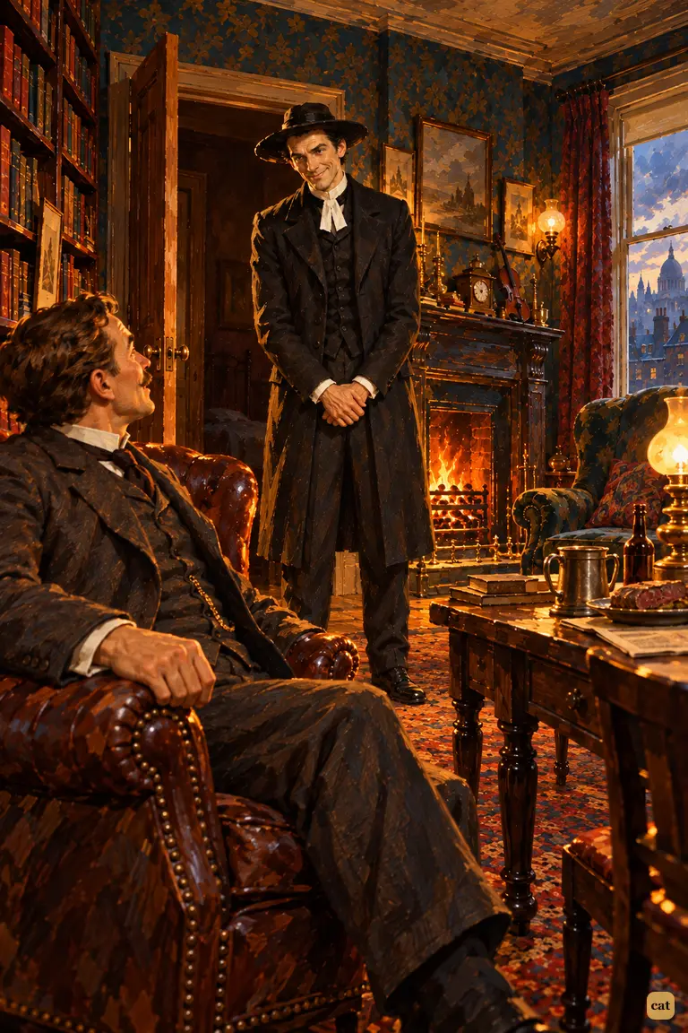 Holmes steps from his bedroom as an amiable, beaming Nonconformist clergyman, and Watson stares up from the fireside armchair in comic wonder.
