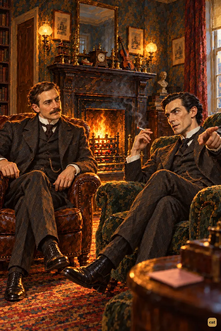 In the amber firelight of the Baker Street sitting-room, Holmes sprawls in his armchair with a lit cigarette and points toward the stairs as he delivers his maxim.