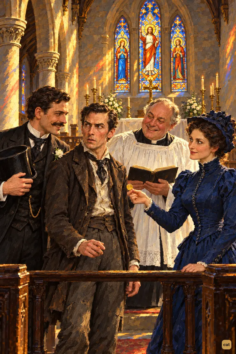 In the hurried wedding at St. Monica's, Sherlock Holmes stands stiff and bewildered in his drunken groom's disguise as the unwilling witness.
